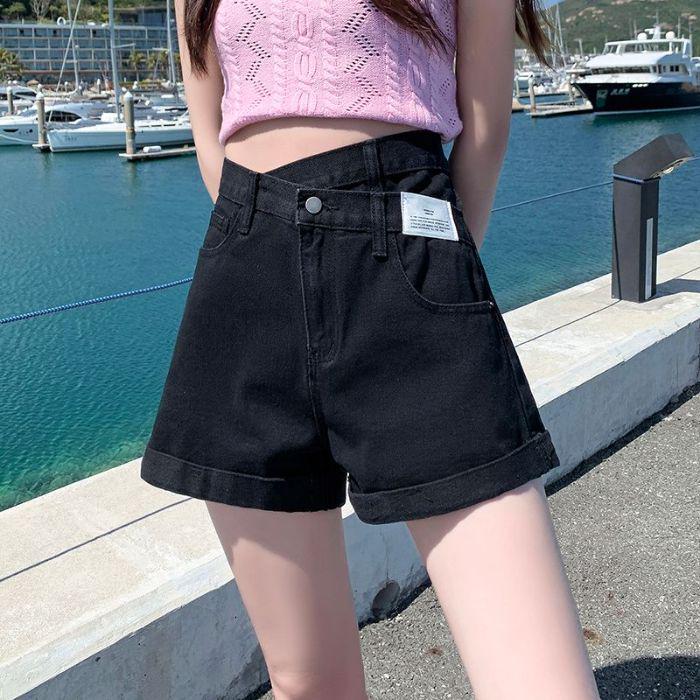 

Women s High-Waist Oblique Button Irregular Denim Shorts - Casual A-Line Wide-Leg Style XX-Large