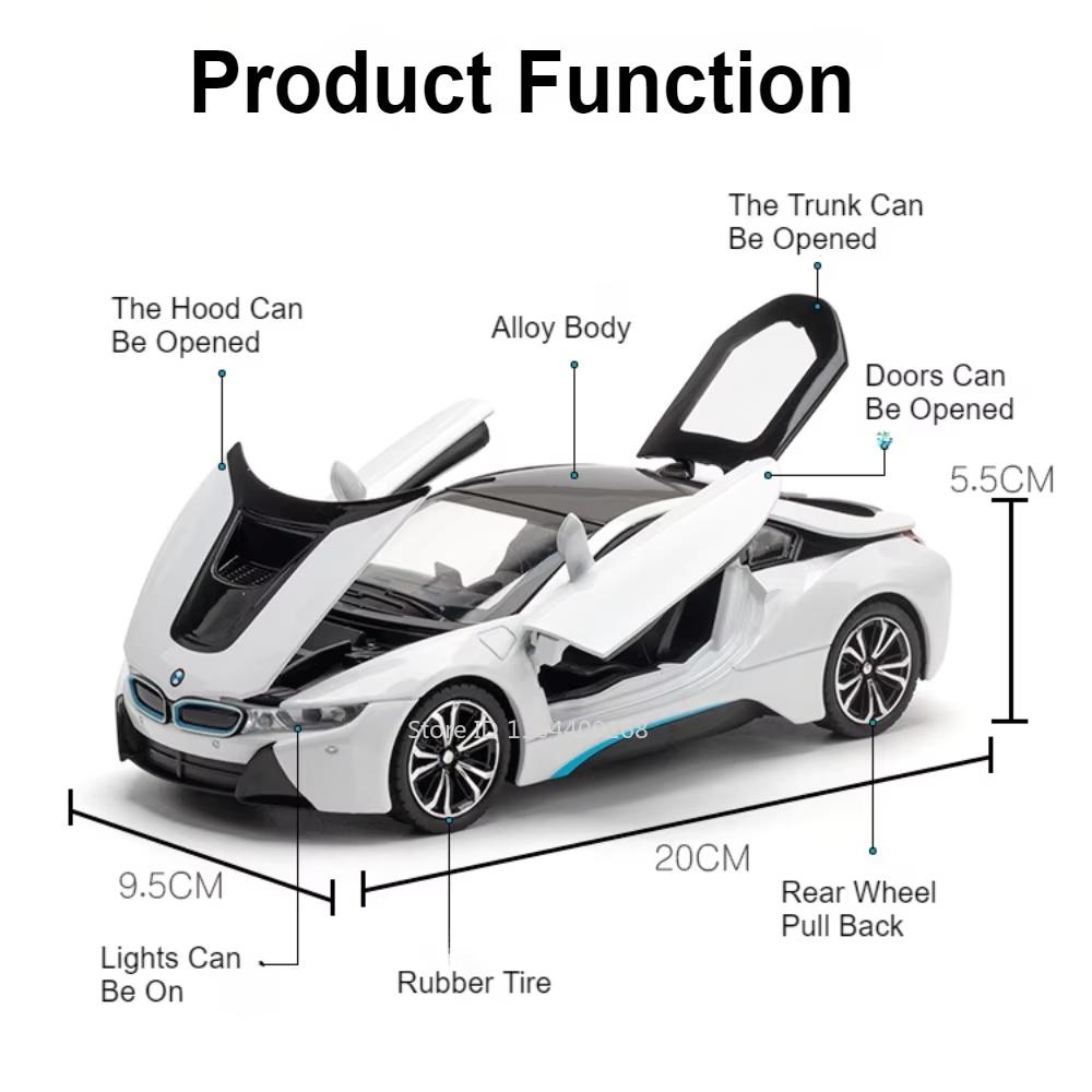 1:22 Scale GTR Modified I8 Sports Car Model Toy Sound & Light Rubber Tires Alloy Body Supercar Models Gift Display Ornaments