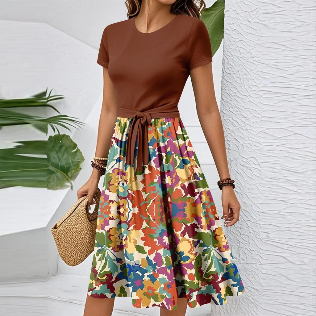 Damen Casual Mode Gürtel Vintage Bedruckt Kurzarm Rundhals Elegantes Kleid