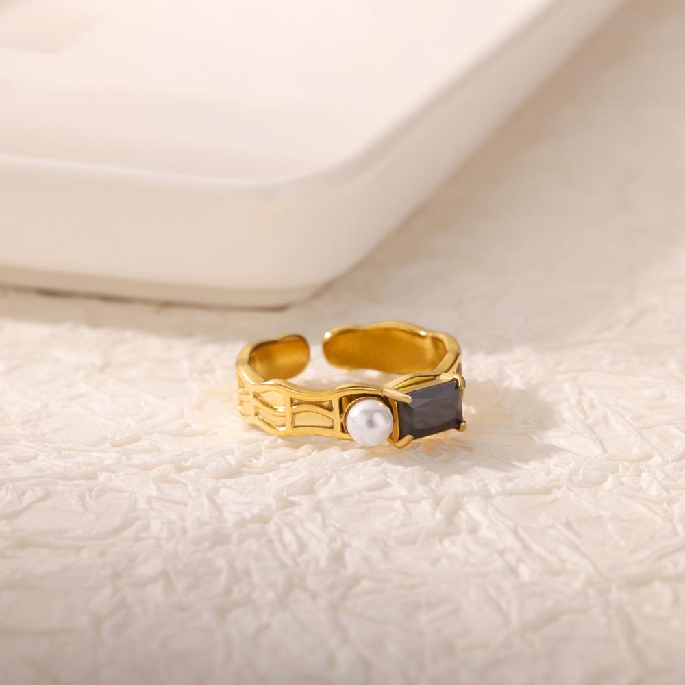 Square Zircon Pearl Rings For Women Gold Color Stainless Steel Geometric Opening Ring Wedding Party Christmas Jewelry Gift