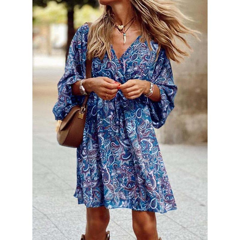 Summer Mid-waist Pullover Midi Skirt Short-sleeved Printed Loose Dresses