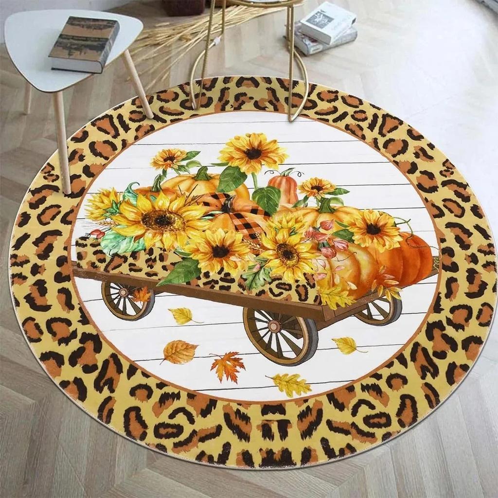 Fall Pumpkin Round Rug for Bedroom Thanksgiving Decor Circle Non Slip Carpet Maple Leaves Floor Mat for Bath Living Room Kitchen