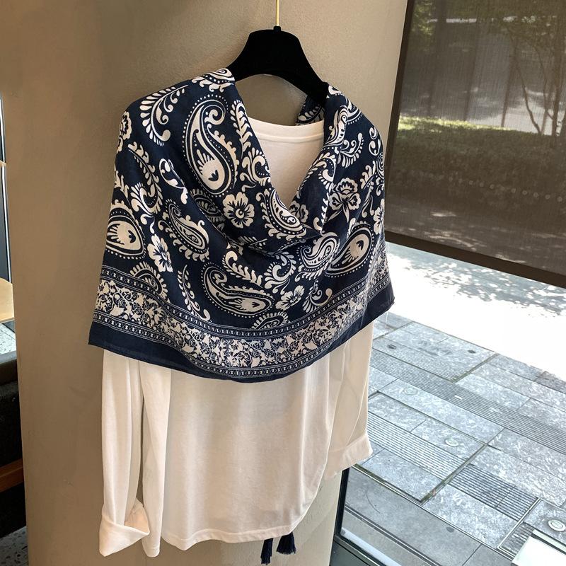 Yunnan Ethnic Style Cotton And Linen Feel Navy Blue Cashew Flower Scarf Shawl Air Conditioner Towel Sun Protection Towel Outer Scarf