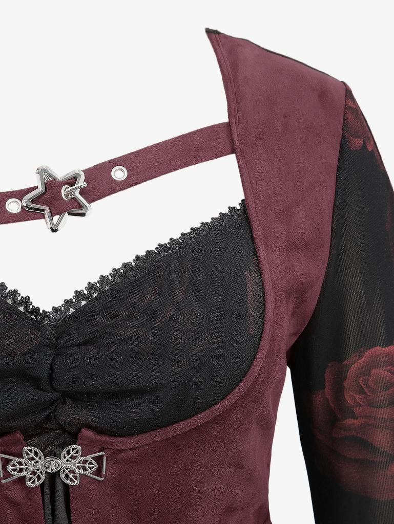 Rosegal Plus Size Rose Flower Print Mesh Ruched Lace Trim Star Buckle Grommets Flare Sleeves 2 In 1 Top