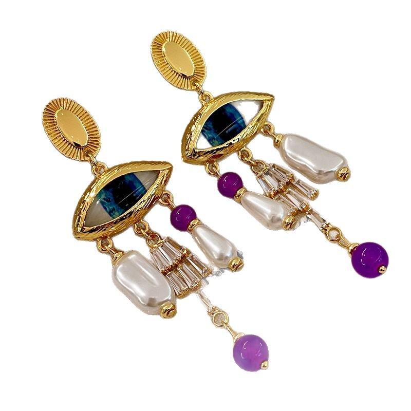 Vintage Baroque Pearl Zircon Tassel Earrings with Crystal Accents