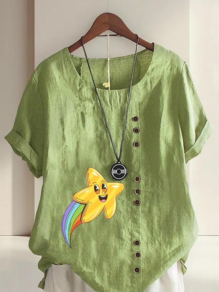 

Women s Fashion Star Rainbow Print Casual Cotton Linen Short Sleeve Round Neck T-shirt Shirt Leisure Loose Summer Blouse Tops 5XL зелений