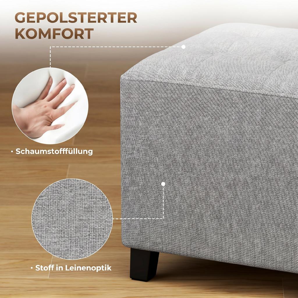 Square Stool, Small Ottoman with Side Pocket, Footrest In Linen-Look Fabric with Rubber Wood Legs, Light Grey