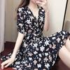 Fashion Women Sexy Knee Length Short Sleeve Printing V-Neck Summer Dress