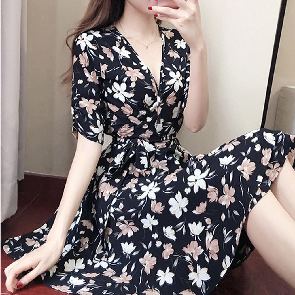 Fashion Women Sexy Knee Length Short Sleeve Printing V-Neck Summer Dress