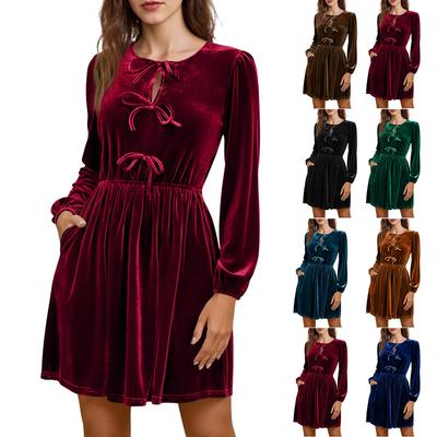 Women Short Velvet Dress With Pockets Winter Long Sleeve  Dresses
