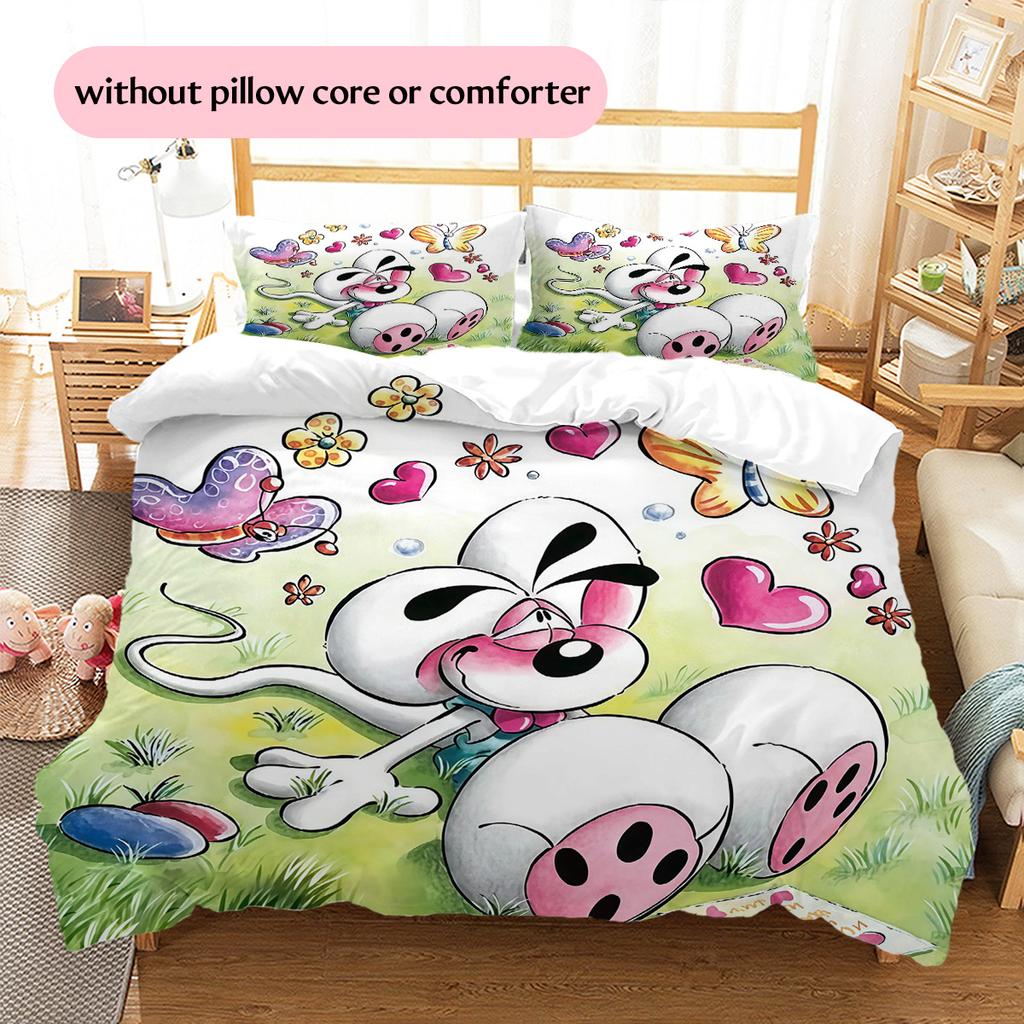 Diddl the Jumping Mouse Pattern Bedding Quilt Set Home Decoration Gift (1 * Duvet Cover + 2 * Pillowcase Without Core)