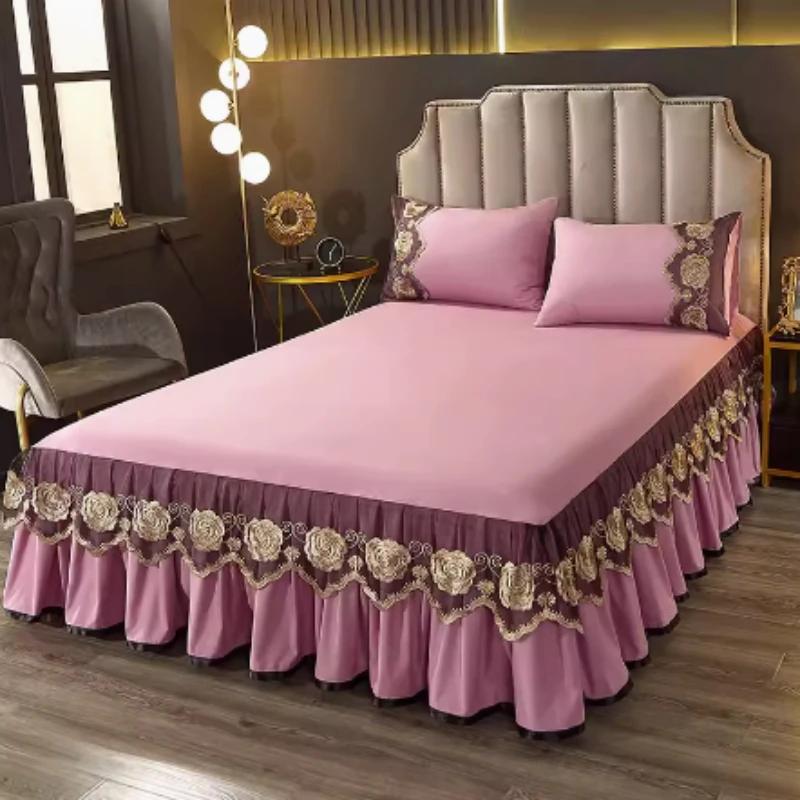 Neuer staubdichter Bettrock aus Spitze, dreiteiliges Set, rutschfeste Haushaltsbettwäsche und schöne Einzelbettdecke im pastoralen Stil