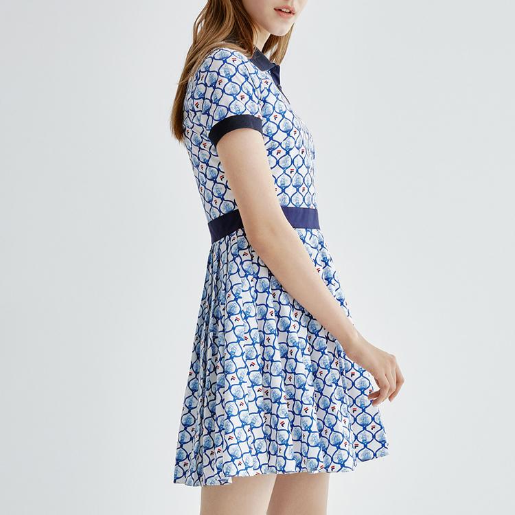 Fila All Over Sailboat Logo Letter Print Short Sleeve Dress Women Dresses White F11W021323F-WT