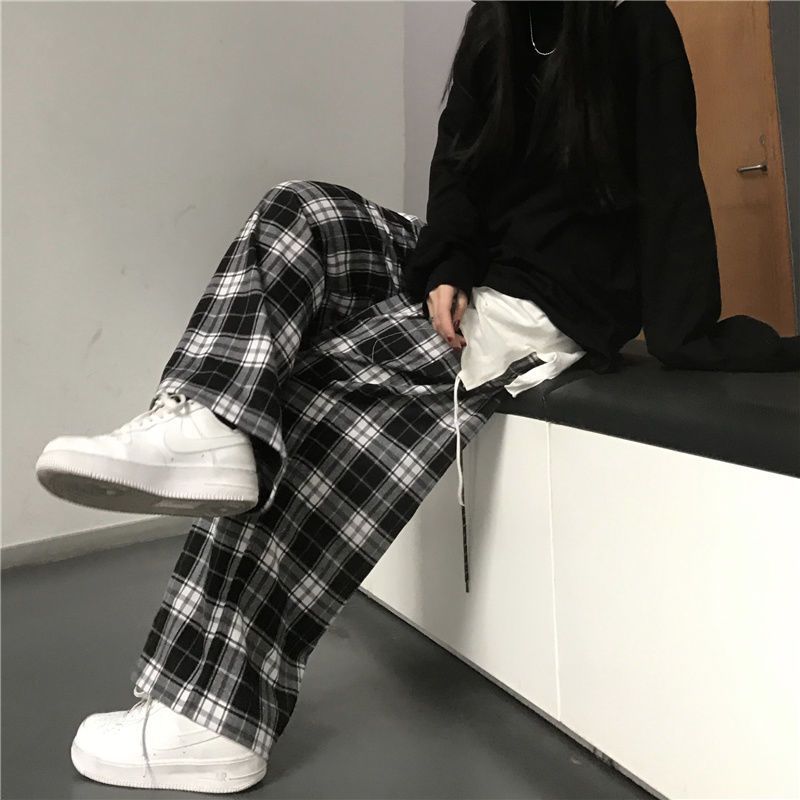 Harajuku Black and White Plaid Pants Women Summer Casual Wide Leg Trousers Korean Fashion Loose Straight Pants Y2k Bottom