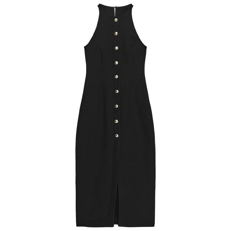 

Zaprha 2025 Summer New Gold-Plated Layer Decorated Row Button Crepe round Neck Sleeveless Midi Dress 3897108 Black L