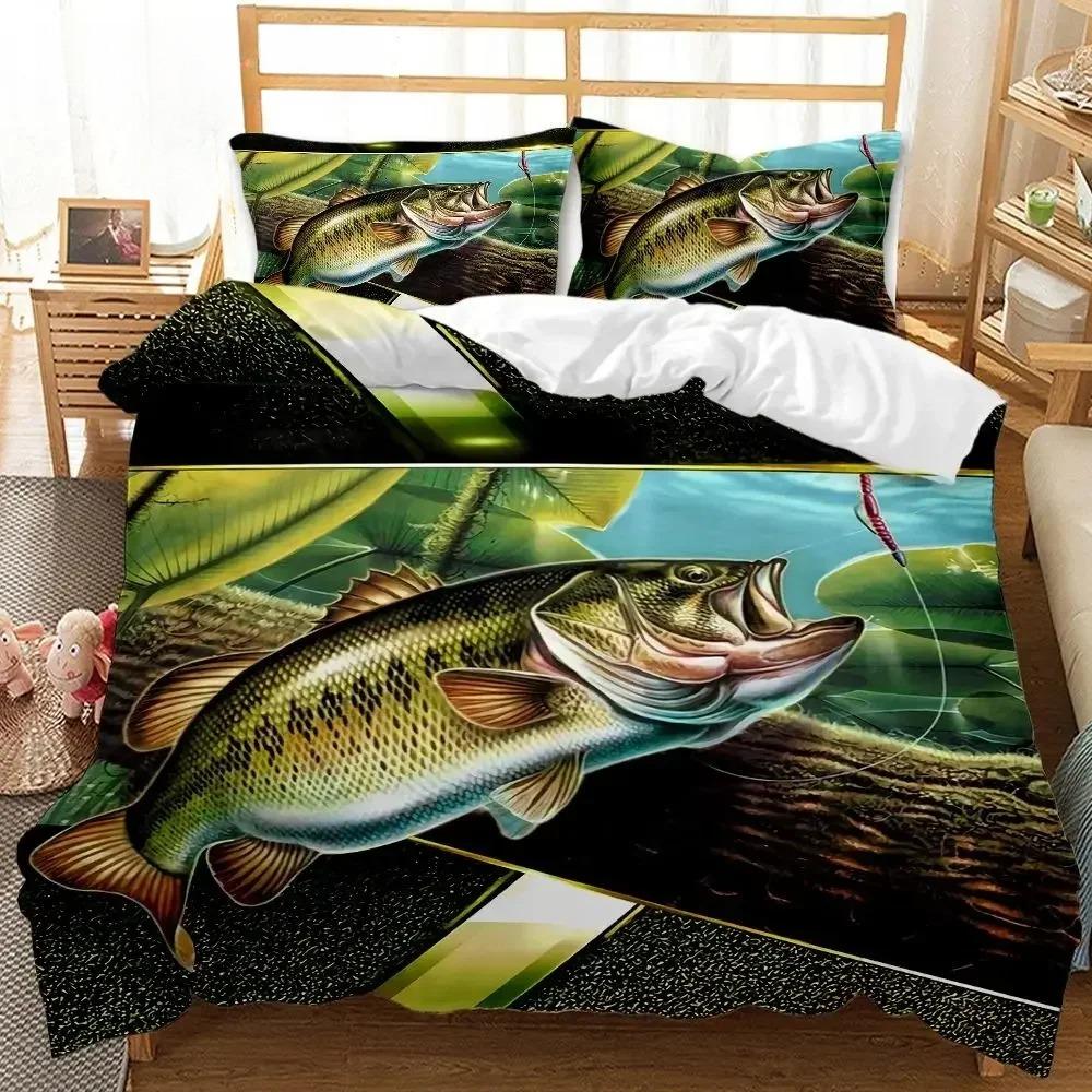 Pike Fish Bedding Striped Bass Big Pattern Hunting And Fishing Themed Duvet Cover For Kids Boys BedRoom Decorations For Teens