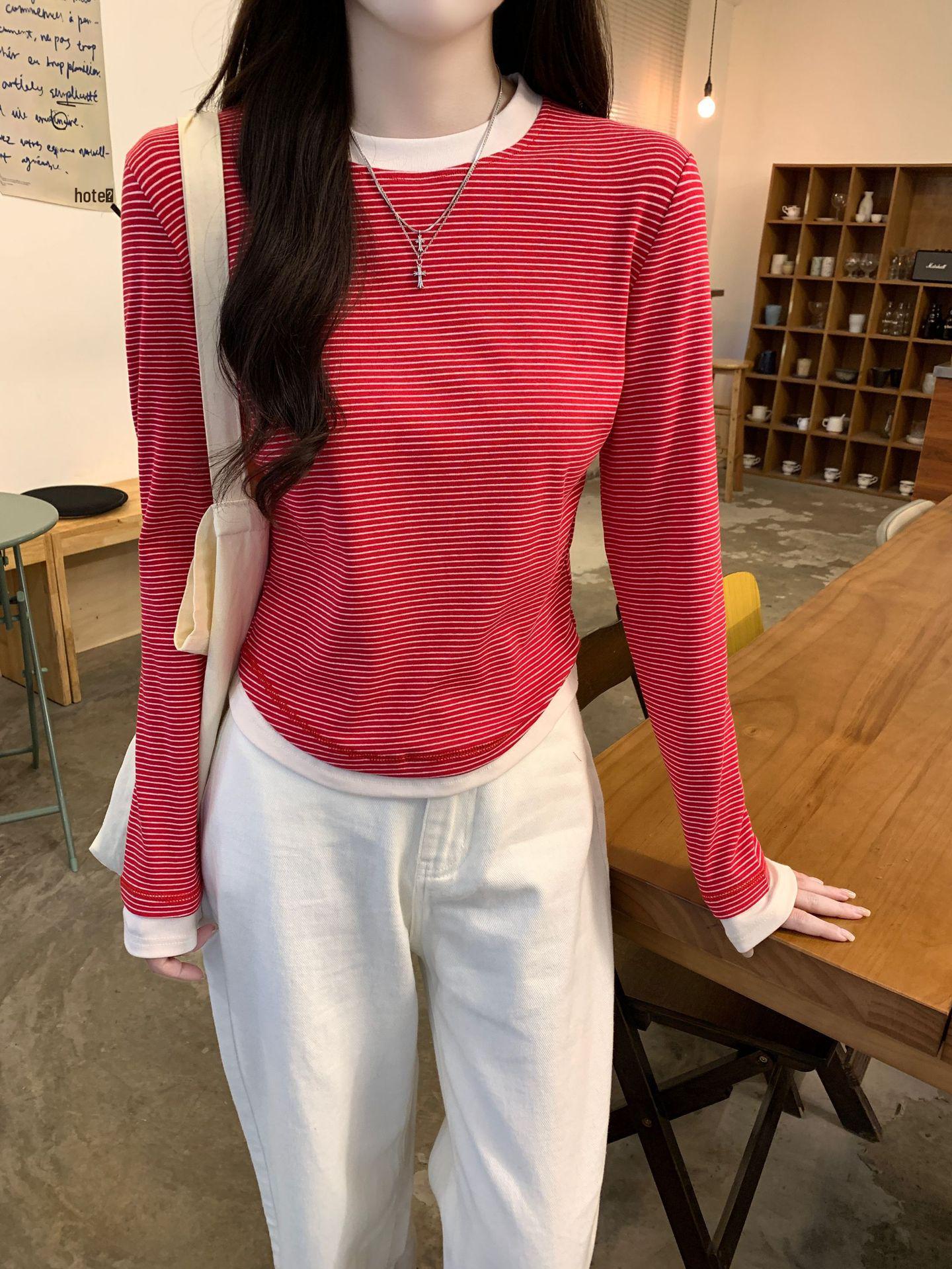 Women s Striped Two-in-One Long Sleeve Irregular Slim Pullover, Spring 2026 Collection Small красный