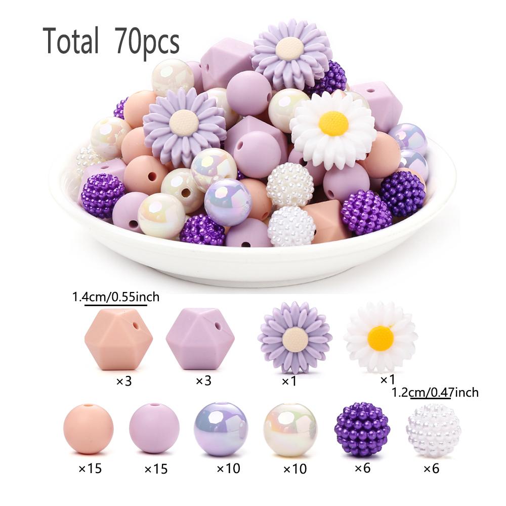 70Pcs Silicone Baby Teething Bead Set Daisy Hexagonal Shape Beads Food Grade for Newborn Diy Pacifier Chain Necklace Accessories