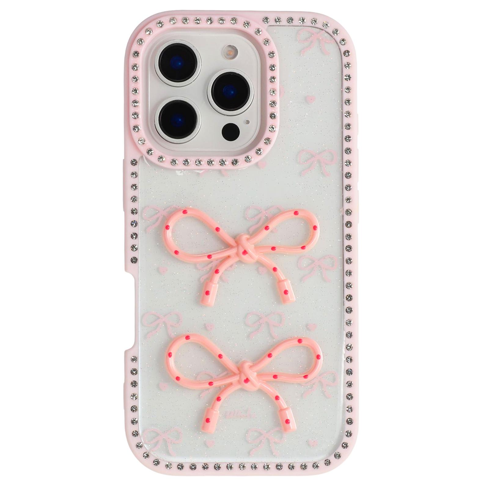 

For iPhone 16 Pro Max Case Two Bow Epoxy Design TPU+PC Phone Back Cover Rhinestone Decor Pink