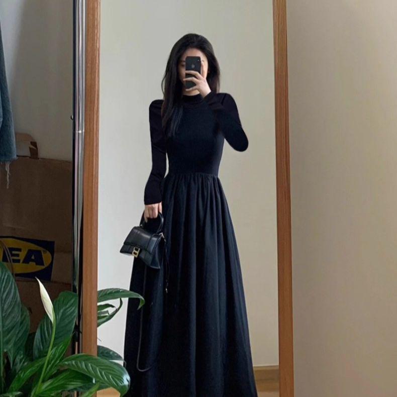 Hepburn-Style High Neck Black Slimming Autumn Dress with Waist-Cinching and French Elegance