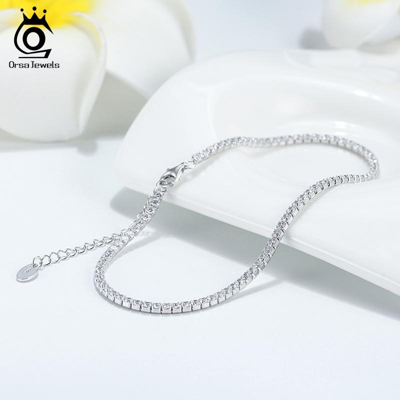 ORSA JEWELS 925 Sterling Silver Women Anklet Luxury AAAA Zirconia Full Paved Ankle Chain Tennis Anklet Gift for Girls SA03