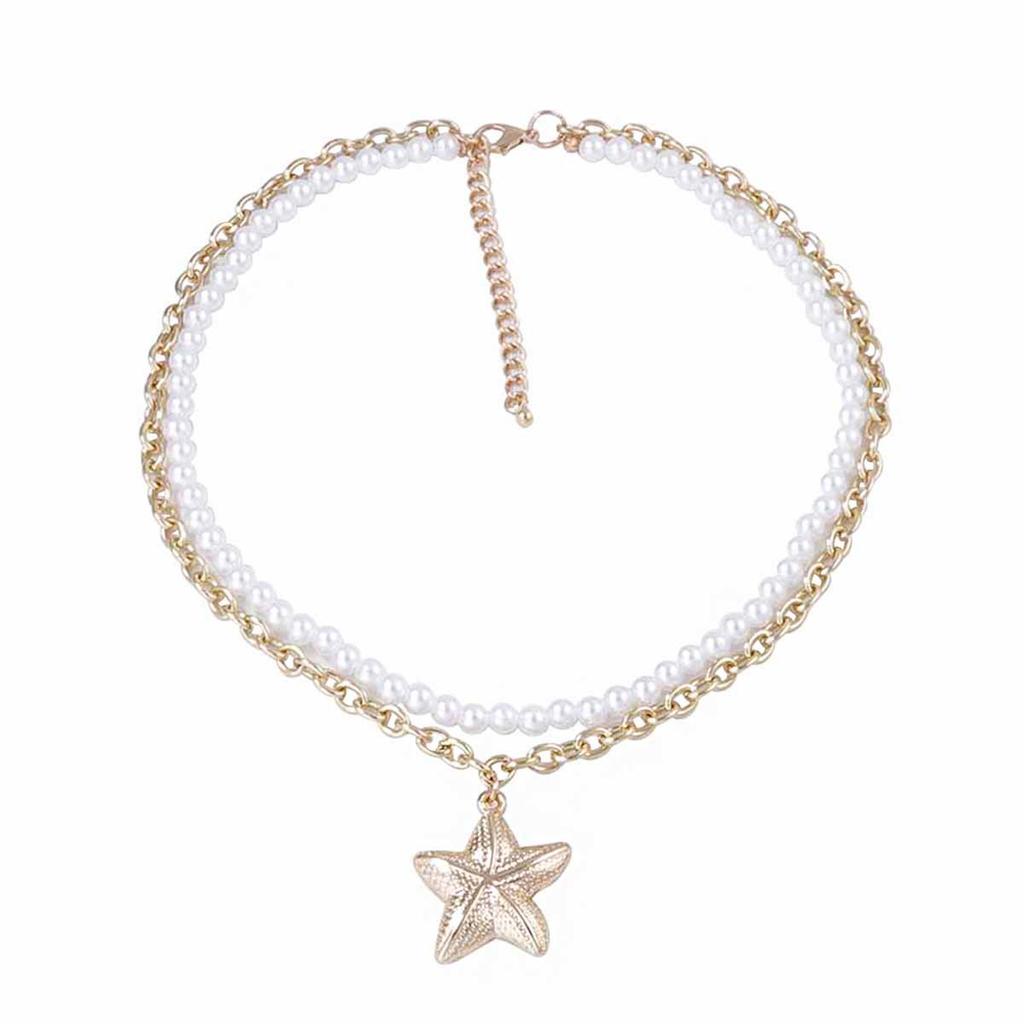 European and American simple and fashionable imitation pearl chain double stacked wearing CCB starfish pendant necklace casual ocean style