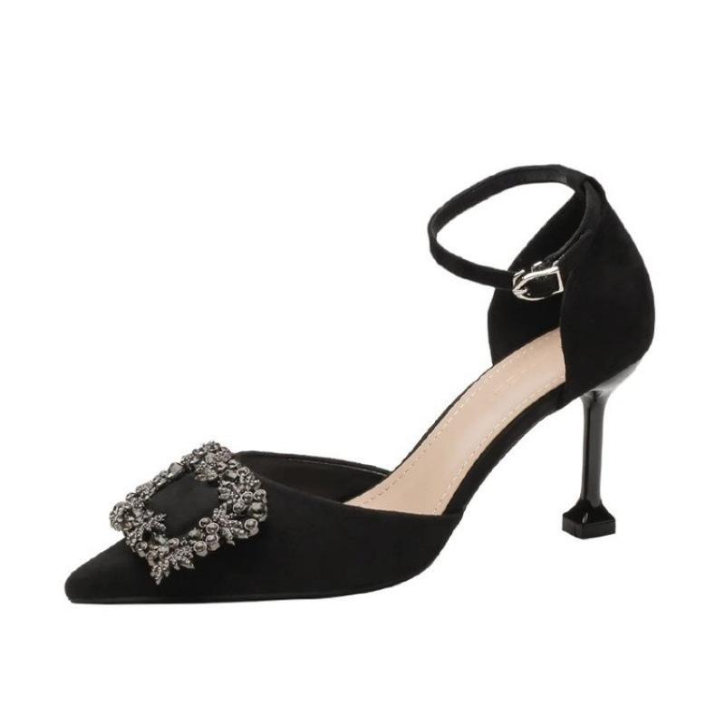 

Маленькие свежие туфли на высоком каблуке в сказочном стиле 2025 новая модная методика универсальный тонкий каблук со стразами острый носок с одиночным 41 чёрный