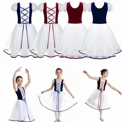 Enfants Filles Manches Bouffantes Dentelle en Maille Leotard Robe de Danse Ballet Gymnastique Costumes de Spectacle sur Scène