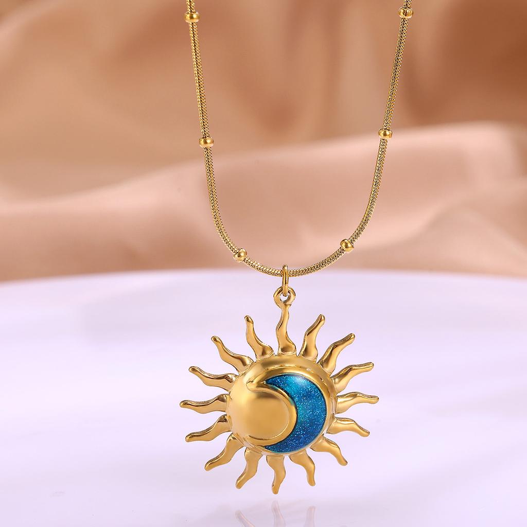 Waterproof Oil Drip Vintage Sun Pendant Necklaces For Women Gold Color 304 Stainless Steel Nameplate Necklace Christmas Jewelry