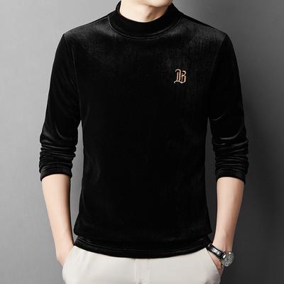 Spring and Autumn Men's Young and Middle-aged Round Neck Gold Velvet Embroidered Fashion Casual Long-sleeved Thin T-shirt Sweatshirt