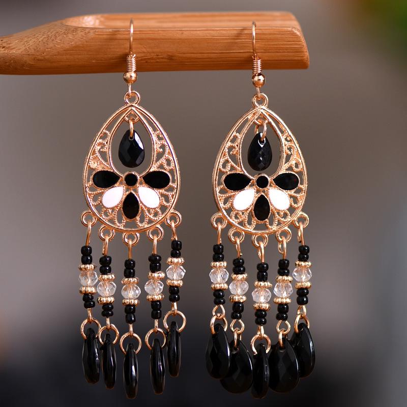 Bohemian Crystal Tassel Earrings - Ethnic Style, Slim Face, Exaggerated Design for Travel