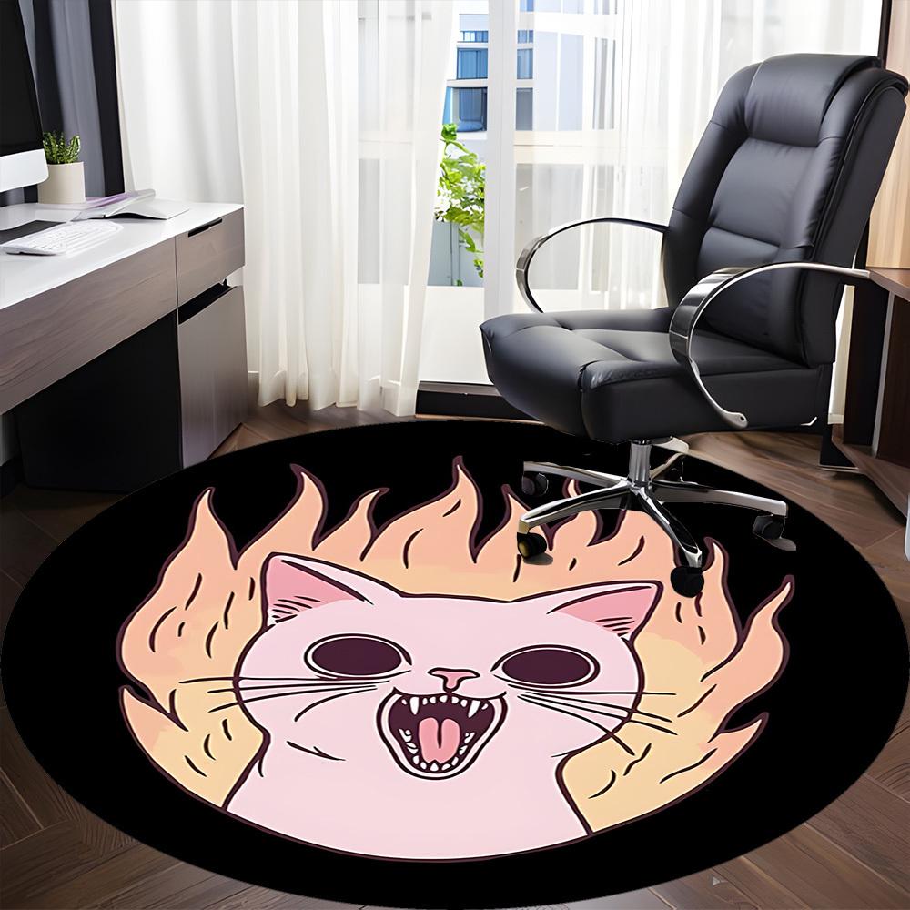 1pc Flaming Cat Office Round Area Rug, Mat Suitable For Office, Under Office Chairs Bedroom Living Room Home Decor, Room Deco
