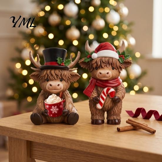 Decorative Highland Cattle Statue 2Pcs Christmas Cow Figurines, Resin Santa Reindeer Cow, with Hat, Seasonal Mantelpiece Ornaments Hot Cocoa,