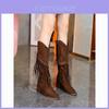 Stylish 2024 Fall Winter Black And Dark Brown Women's High Shaft Fringe Suede Knight Boots With Side Zipper Design