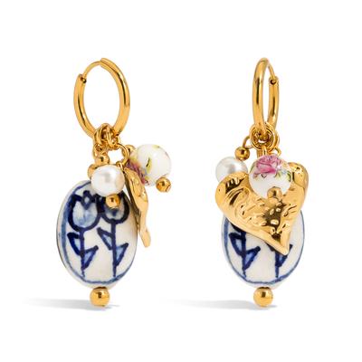 Youthway Nuovo Arrivo Acciaio Inossidabile Placcato Oro Ceramica Fiore Cuore Perla Ciondolo Orecchini Pendenti Versatili Gioielli da Donna Regalo