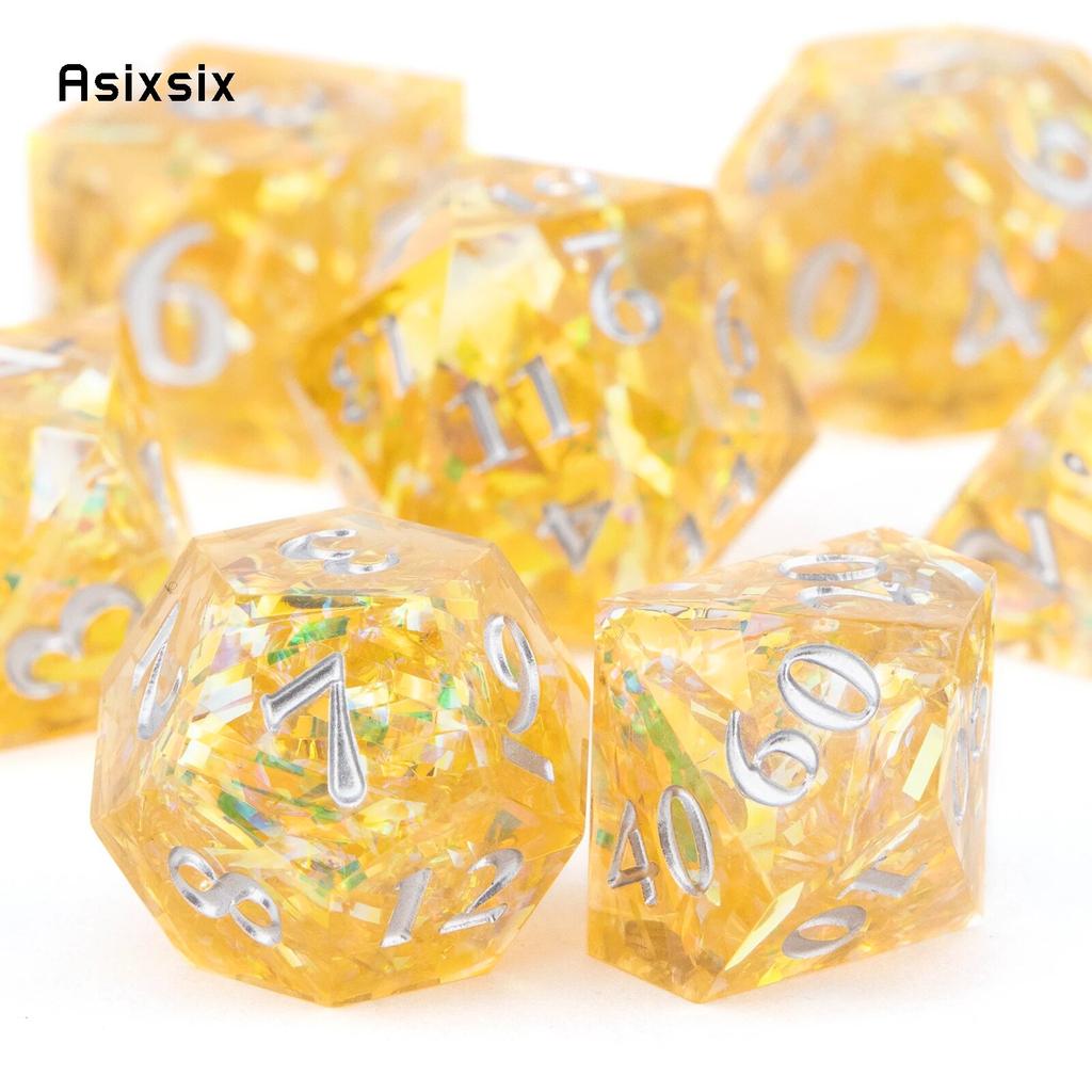 7 Stück gelbe Harz-weiße Zahlenwürfel mit scharfen Kanten, polyedrische Würfel, geeignet für Rollenspiele, RPG-Brettspiele