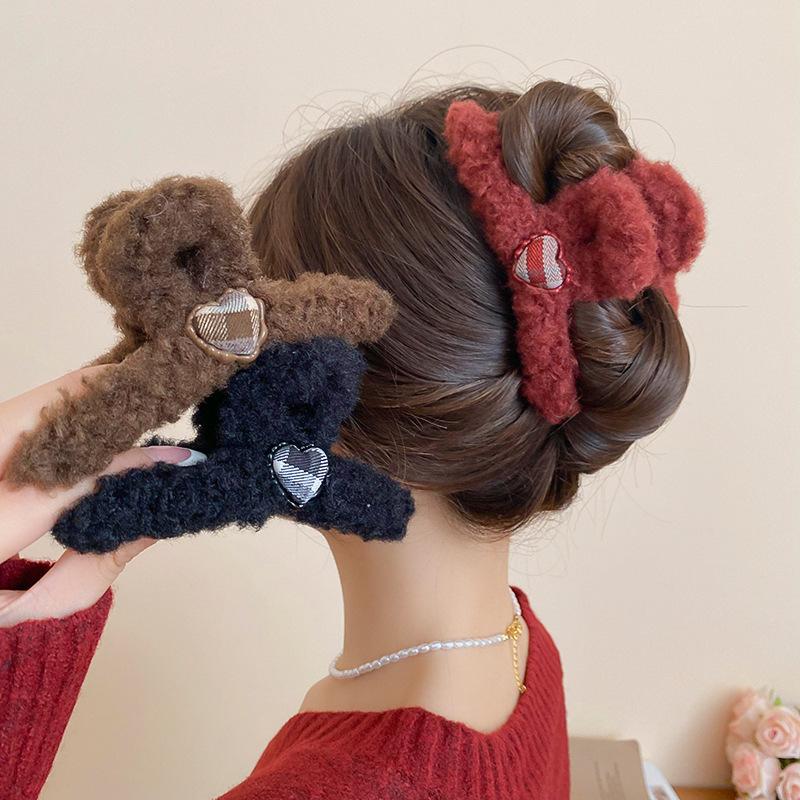 Love plaid hairy large hair grab clip women's fashion versatile hair accessories tie hair high-end shark clip