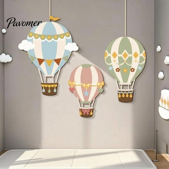 Wooden Hot Air Balloon Wall Decor 3Pcs Cute Decor, Cloud Banner Nursery 3D Art for Kids Room Hanging, Playroom Background Bedroom Pennant Hanging