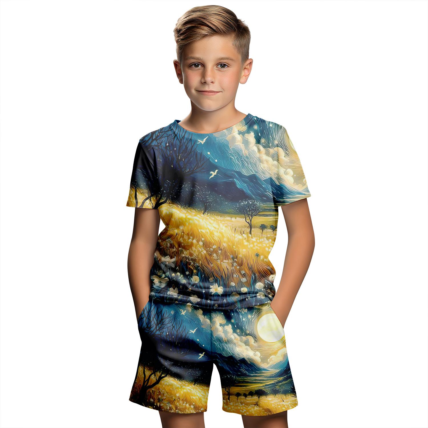 

Стиль картины маслом Ван Гога, новинка 2024 года, летние вечерние повседневные спортивные костюмы для детей от 4 до 14 лет, наборы из 2 картинок с 3D принтом для мальчиков и девочек 160CM