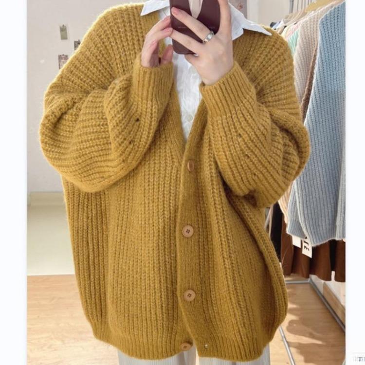 Women Soft Comfortable Casual Breathable Lazy Fashion Simple Solid Top Coat Loose V-neck Long Sleeve Knit Sweater Cardigan