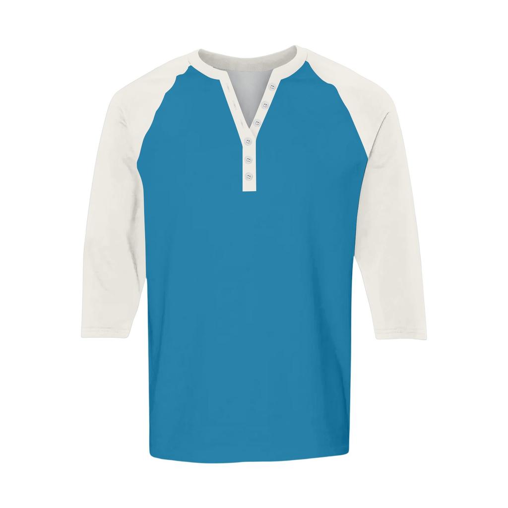 Men's Button-Down Contrast Raglan 3/4 Sleeve Top