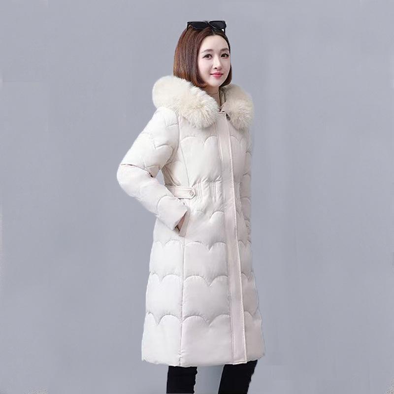 Big fur collar cotton-padded clothes for women's long styles over the knee, winter new loose waist cotton-padded jackets, thickened cotton-padded