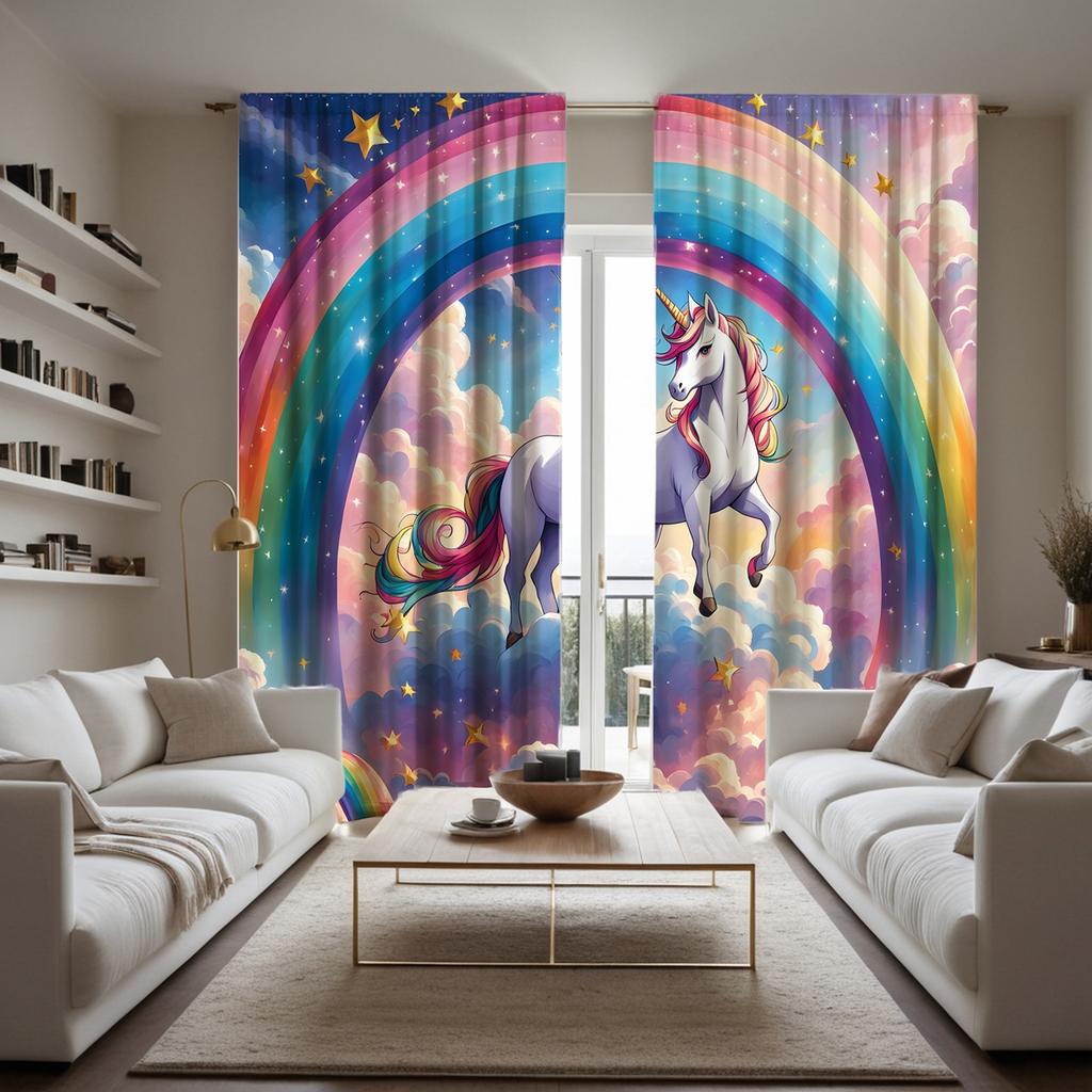 2pcs  HD cartoon Rainbow Unicorn decorative curtain Color tie digital printed curtain Home Decoration style Decoration living