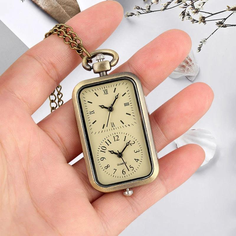 Retro Inspired Bronze Pocket Watch Keychain; Square Quartz Timepiece with Double Time Movement Antique Style