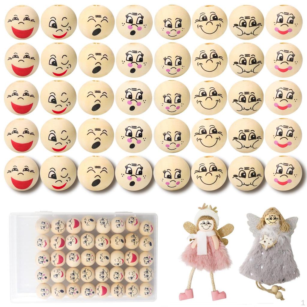 40 Pieces Wooden Beads with Faces Adorable Smiling Face for Crafters, Hobbyists, DIY