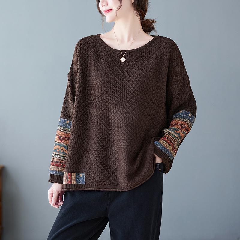 2024 Autumn/Winter Plus Size Retro Ethnic Applique Cotton Knit Women's Loose Round Neck Pullover