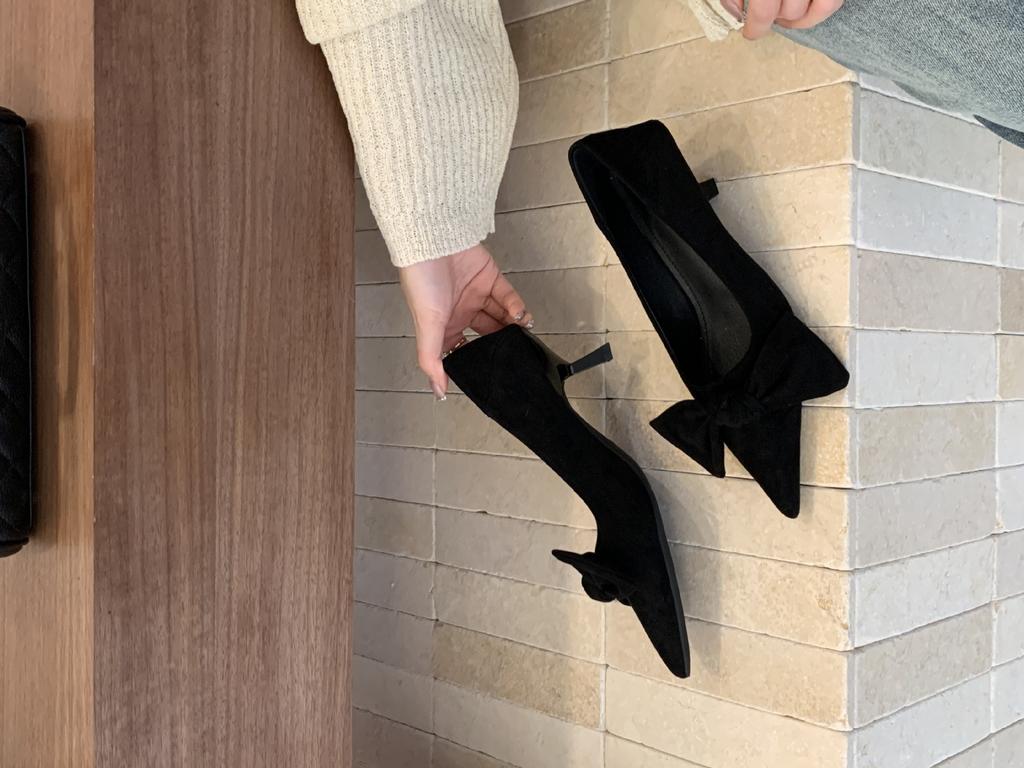 2025 New Autumn and Winter Suede Bow Thin Heel Shallow Mouth Foot Cover Versatile Women's Single Shoes