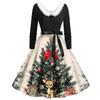 Christmas Print Flare Dress For Women Long Sleeve Dress Hollow Party Casual Dresses