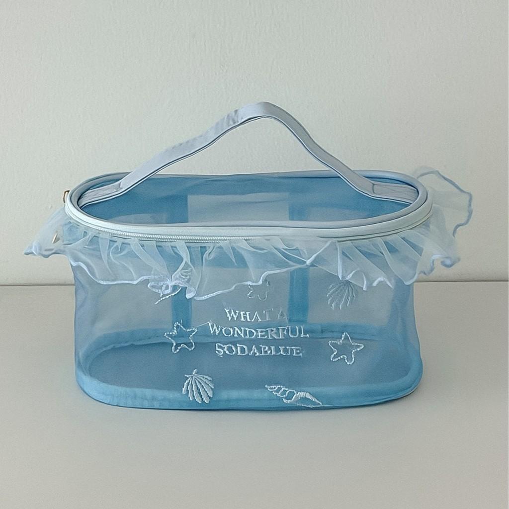 Stylish Ocean Blue Mesh Cosmetic Bag For Girls With Embroidery And Breathable Design