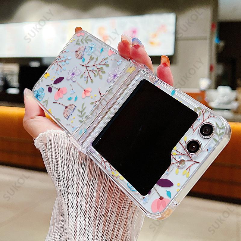 Flower Pattern Clear Case For Samsung Galaxy Z Flip 7 FE 6 5 4 3 Transparent Hard Folding Cover For Samsung Z Flip5 Flip4 Flip6